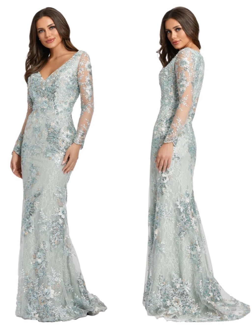 Mac Duggal Sea Mist Pale Embellished V-Neck Illusion Long Sleeve Gown Nwts